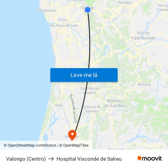 Valongo (Centro) to Hospital Visconde de Salreu map