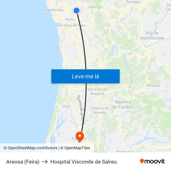 Areosa (Feira) to Hospital Visconde de Salreu map