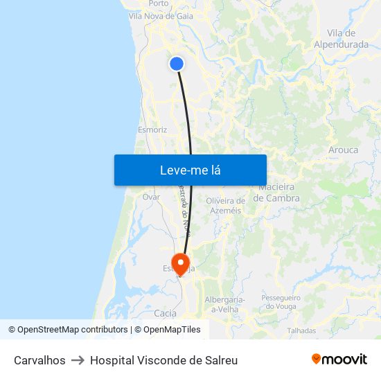 Carvalhos to Hospital Visconde de Salreu map