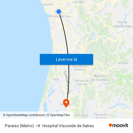 Paraíso (Metro) to Hospital Visconde de Salreu map