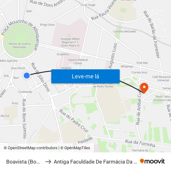 Boavista (Bom Sucesso) to Antiga Faculdade De Farmácia Da Universidade Do Porto map