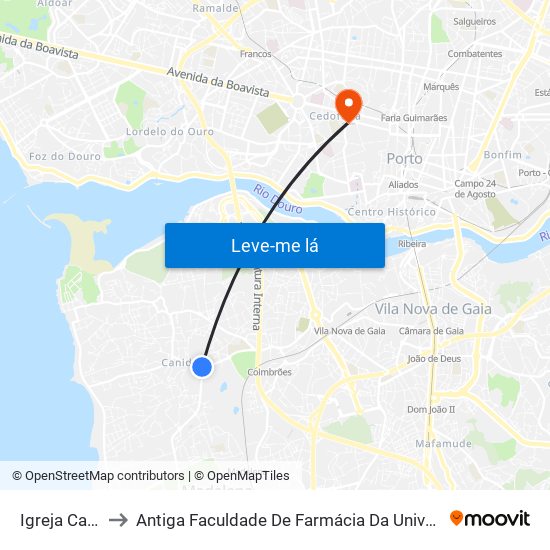Igreja Canidelo to Antiga Faculdade De Farmácia Da Universidade Do Porto map