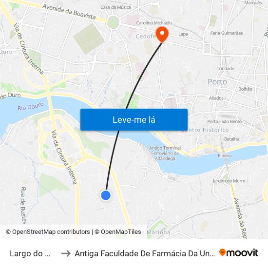 Largo do Montinho to Antiga Faculdade De Farmácia Da Universidade Do Porto map