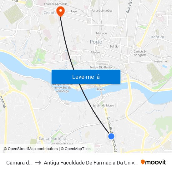 Câmara de Gaia to Antiga Faculdade De Farmácia Da Universidade Do Porto map