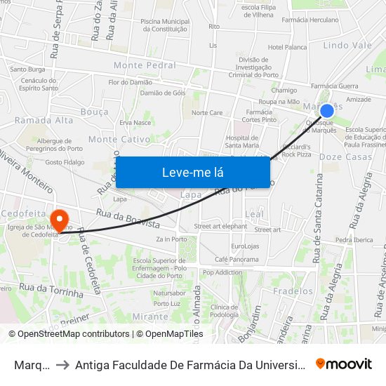 Marquês to Antiga Faculdade De Farmácia Da Universidade Do Porto map