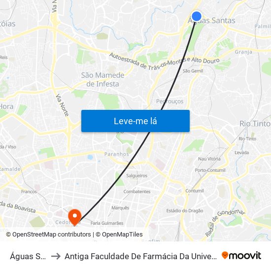 Águas Santas to Antiga Faculdade De Farmácia Da Universidade Do Porto map