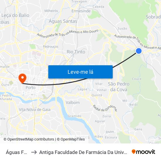 Águas Férreas to Antiga Faculdade De Farmácia Da Universidade Do Porto map