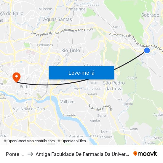 Ponte Seca to Antiga Faculdade De Farmácia Da Universidade Do Porto map