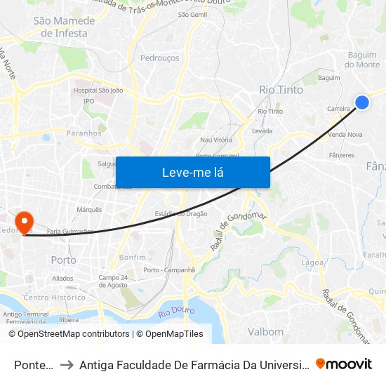 Pontelhas to Antiga Faculdade De Farmácia Da Universidade Do Porto map