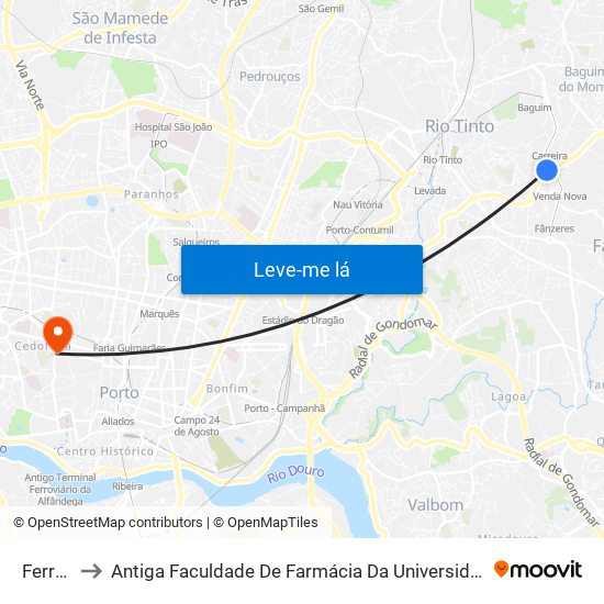Ferraria to Antiga Faculdade De Farmácia Da Universidade Do Porto map