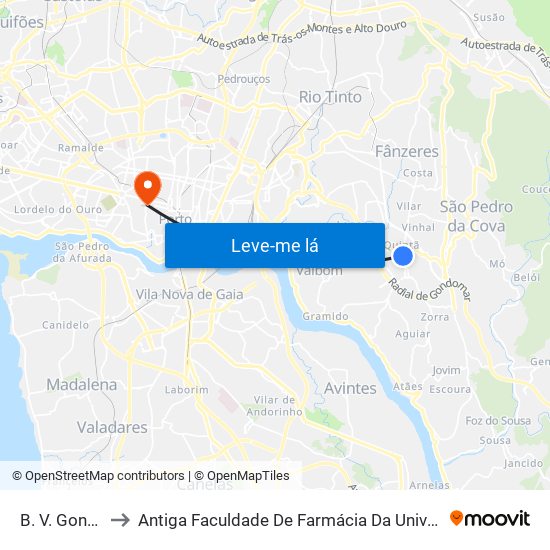 B. V. Gondomar to Antiga Faculdade De Farmácia Da Universidade Do Porto map