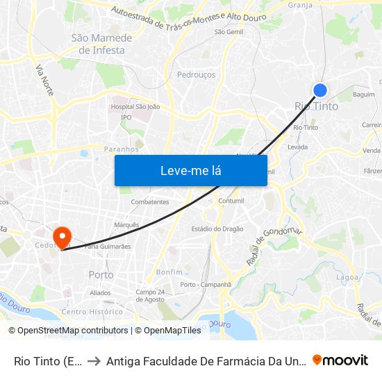 Rio Tinto (Estação) to Antiga Faculdade De Farmácia Da Universidade Do Porto map