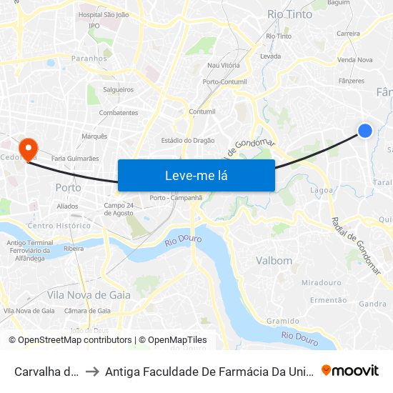 Carvalha de Baixo to Antiga Faculdade De Farmácia Da Universidade Do Porto map
