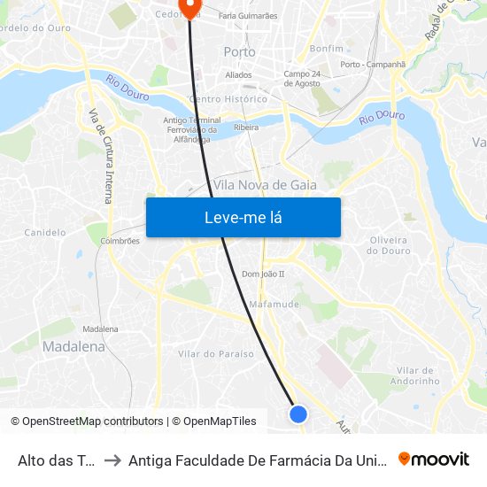 Alto das Torres 1 to Antiga Faculdade De Farmácia Da Universidade Do Porto map