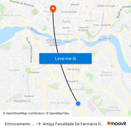 Entrocamento da Palmeira to Antiga Faculdade De Farmácia Da Universidade Do Porto map