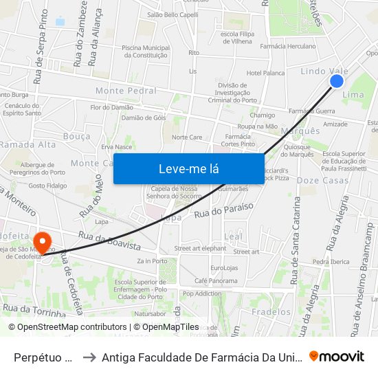 Perpétuo Socorro to Antiga Faculdade De Farmácia Da Universidade Do Porto map