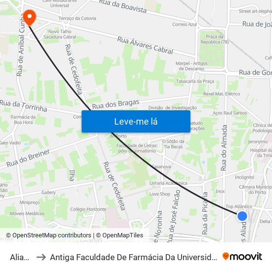 Aliados to Antiga Faculdade De Farmácia Da Universidade Do Porto map