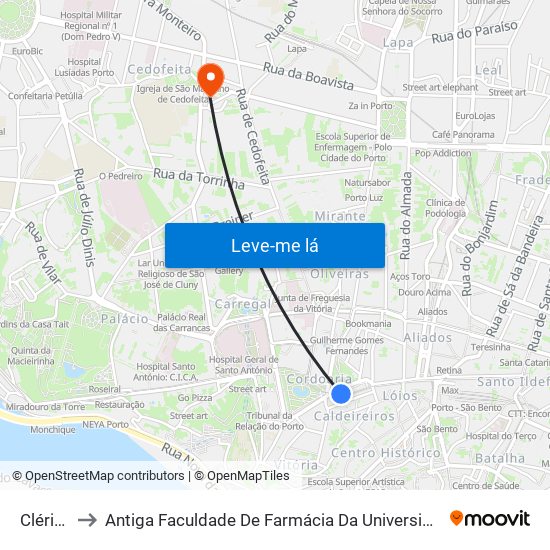 Clérigos to Antiga Faculdade De Farmácia Da Universidade Do Porto map