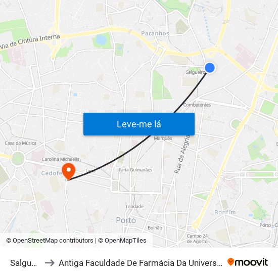 Salgueiros to Antiga Faculdade De Farmácia Da Universidade Do Porto map