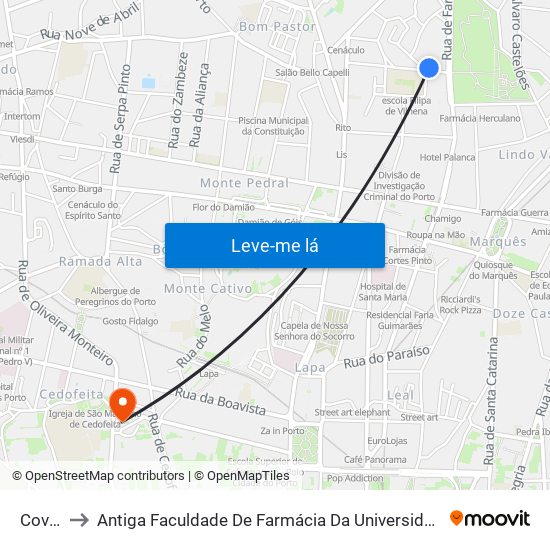 Covelo to Antiga Faculdade De Farmácia Da Universidade Do Porto map