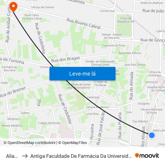 Aliados to Antiga Faculdade De Farmácia Da Universidade Do Porto map