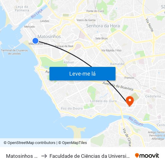 Matosinhos (Praia) to Faculdade de Ciências da Universidade do Porto map
