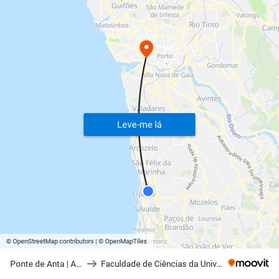 Ponte de Anta to Faculdade de Ciências da Universidade do Porto map