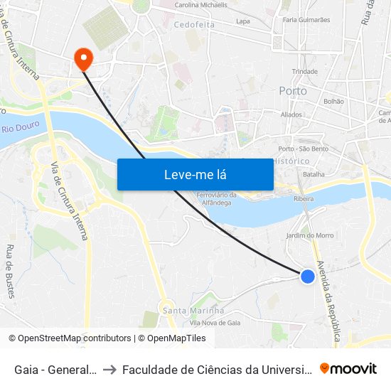 Gaia - General Torres to Faculdade de Ciências da Universidade do Porto map