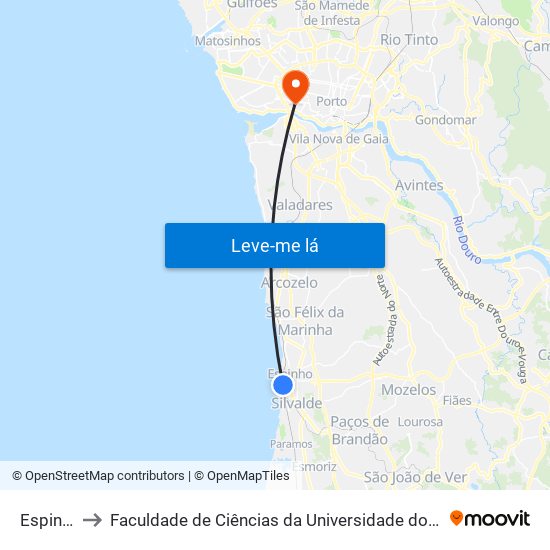 Espinho to Faculdade de Ciências da Universidade do Porto map