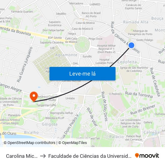 Carolina Michaëlis to Faculdade de Ciências da Universidade do Porto map