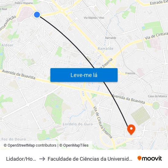Lidador/Hospital to Faculdade de Ciências da Universidade do Porto map