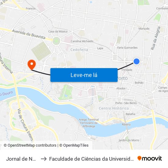 Jornal de Notícias to Faculdade de Ciências da Universidade do Porto map