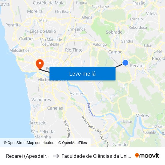 Recarei (Apeadeiro Terronhas) to Faculdade de Ciências da Universidade do Porto map