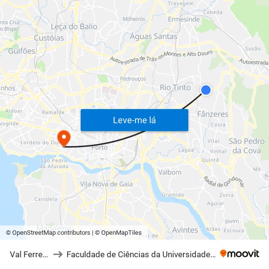 Valferreiros to Faculdade de Ciências da Universidade do Porto map