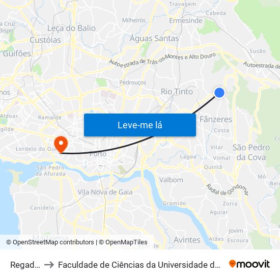 Regadas to Faculdade de Ciências da Universidade do Porto map