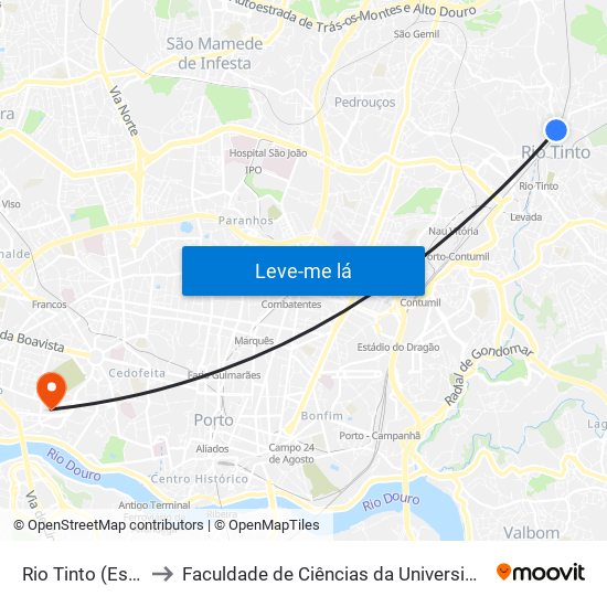 Rio Tinto (Estação) to Faculdade de Ciências da Universidade do Porto map