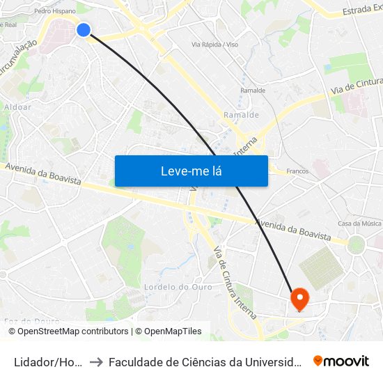 Lidador/Hospital to Faculdade de Ciências da Universidade do Porto map