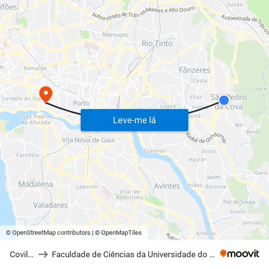 Covilhã to Faculdade de Ciências da Universidade do Porto map