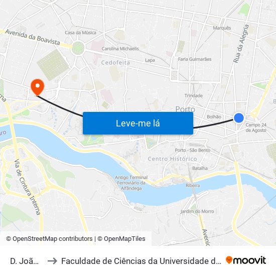 D. João IV to Faculdade de Ciências da Universidade do Porto map