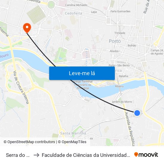 Serra do Pilar to Faculdade de Ciências da Universidade do Porto map