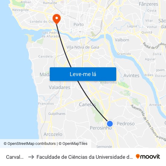 Carvalhos to Faculdade de Ciências da Universidade do Porto map