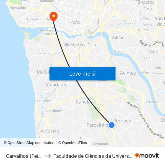 Carvalhos (Feira Nova) to Faculdade de Ciências da Universidade do Porto map