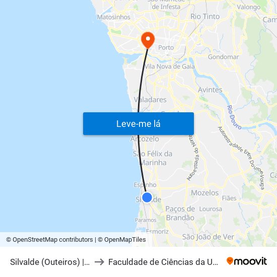 Silvalde (Outeiros) to Faculdade de Ciências da Universidade do Porto map