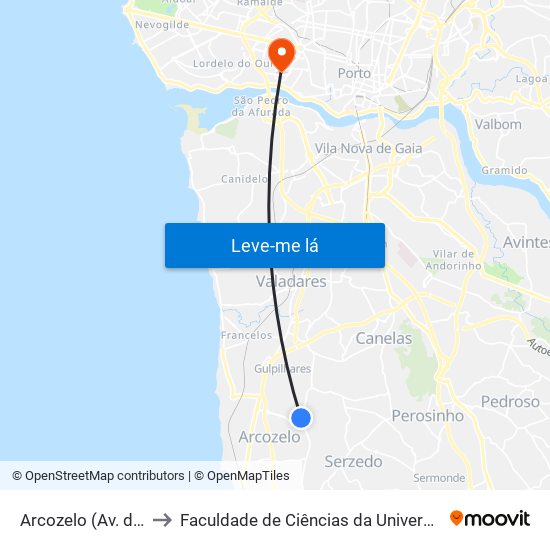 Arcozelo (Av. da Igreja) to Faculdade de Ciências da Universidade do Porto map