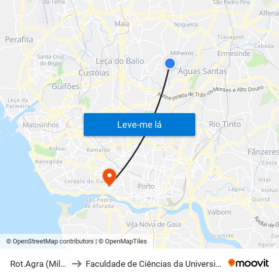 Rot.Agra (Milheirós) to Faculdade de Ciências da Universidade do Porto map