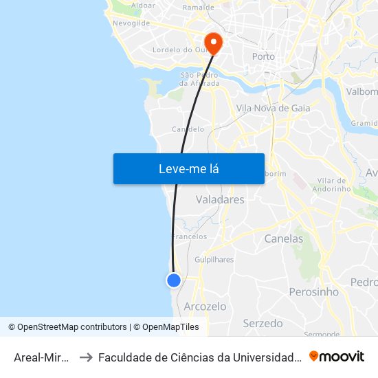 Areal-Miramar to Faculdade de Ciências da Universidade do Porto map