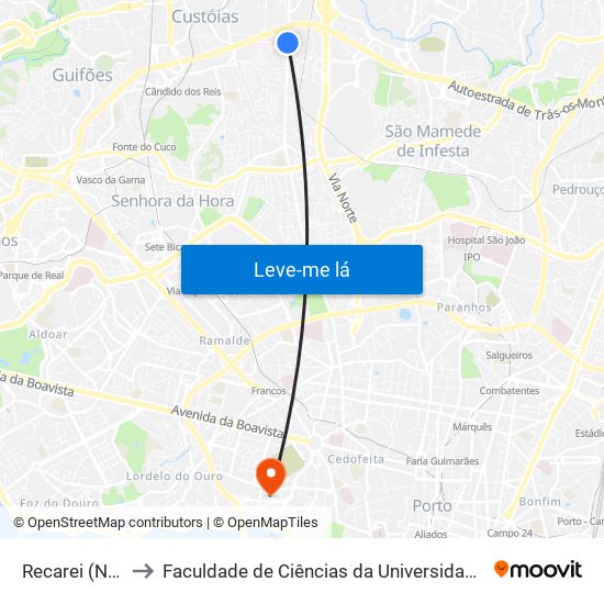 Recarei (Norte) to Faculdade de Ciências da Universidade do Porto map