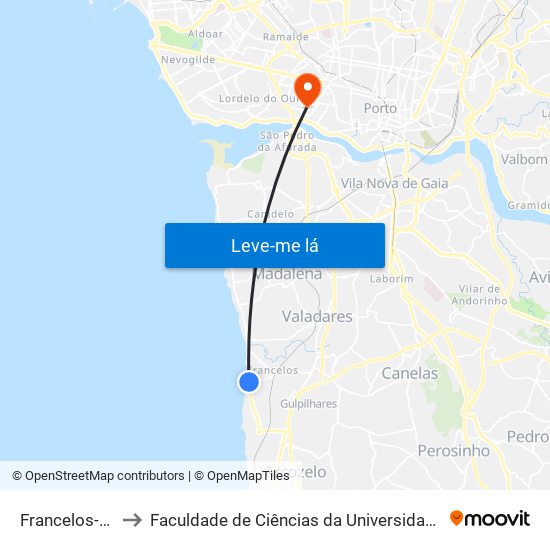 Francelos-Praia to Faculdade de Ciências da Universidade do Porto map