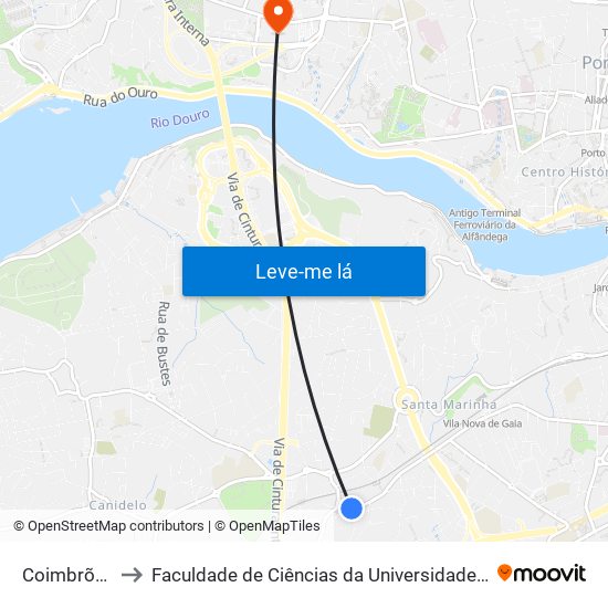 Coimbrões 1 to Faculdade de Ciências da Universidade do Porto map