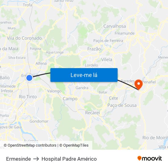 Ermesinde to Hospital Padre Américo map